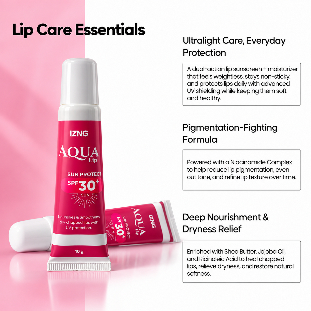 Aqua Lip Sun Protect SPF 30+ lightweight lip sunscreen and moisturizer with niacinamide, shea butter, jojoba oil, and ricinoleic acid for soft, healthy lips and UV protection.
