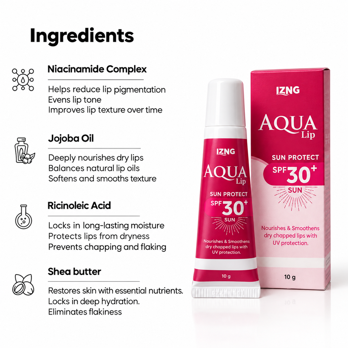 Aqua Lip Sun Protect SPF 30+ lip balm including niacinamide complex, jojoba oil, ricinoleic acid, and shea butter for lip hydration and helps turn dark lips back to pink.